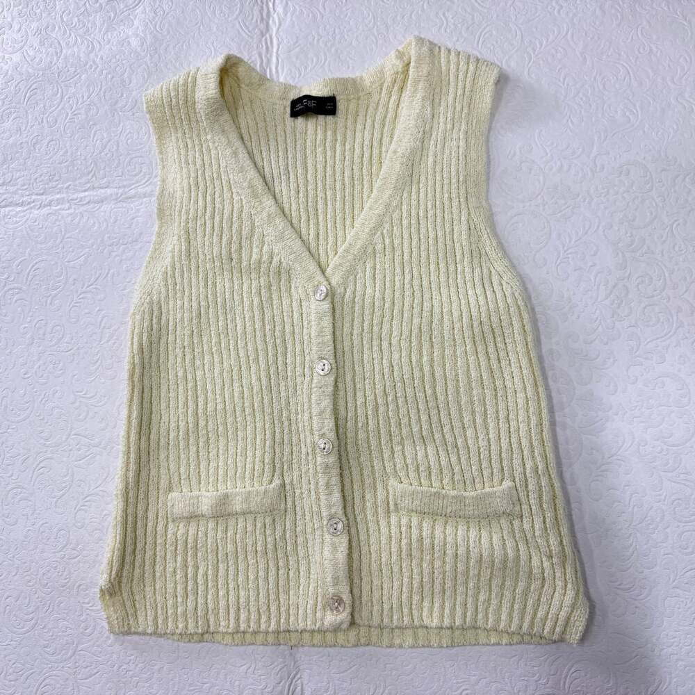 F&F Cream Rib-Knit Button Front V-Neck Sweater Vest Women M